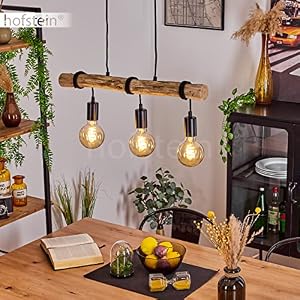 HOFSTEIN Pendelleuchte Toledo, moderne Hängeleuchte aus Metall/Holz in Schwarz/Natur, Pendellampe höhenverstellbar, skandinavischen Design, Echtholz-Balken, 3-flammig E27, Esszimmer, Wohnzimmer, Küche