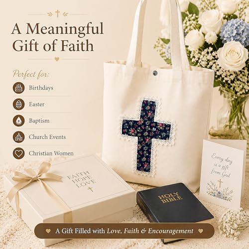Image of Christian Tote Bag Gift for Women, Canvas Bible Bag Handmade Floral Cross | Christian faith-inspired gift, handcrafted cross with lace, inner pocket, snap closure, bottom gusset, church Bible study use