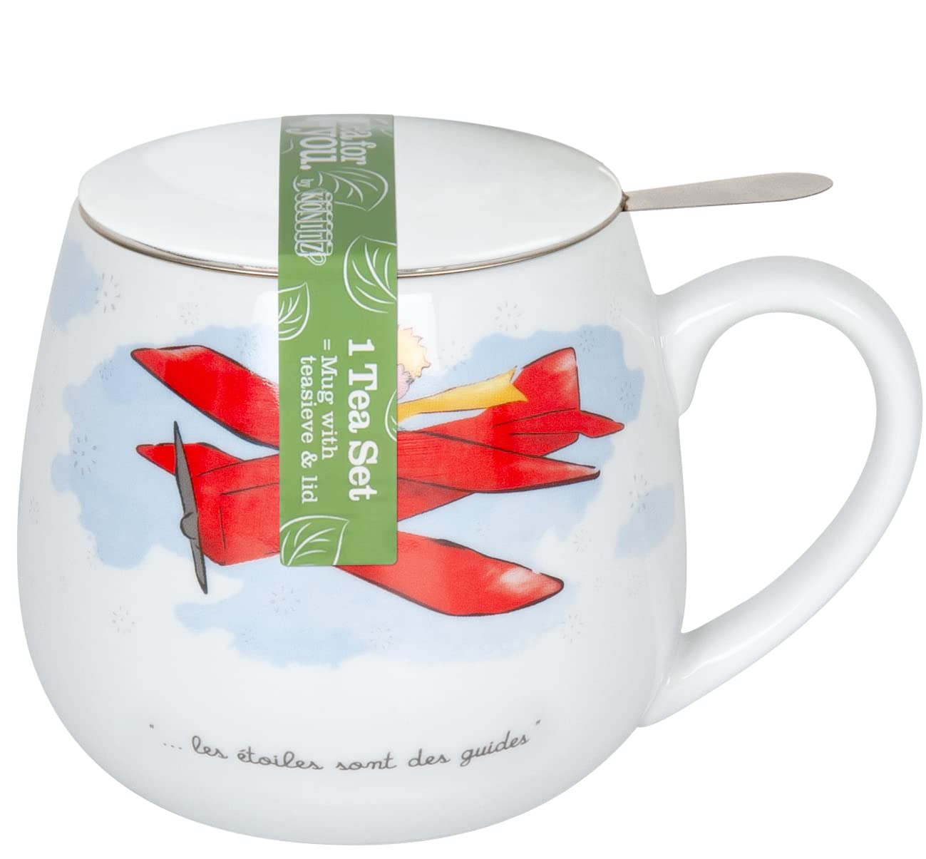 Tasse à Thé Française Könitz « Le Petit Prince Avion » – Avec Passoire Et Couvercle – Porcelaine Rouge – Neuf Sous Emballage – Fabriqué En Allemagne