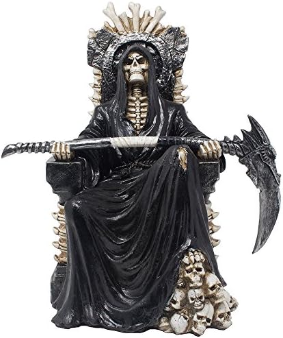 Evil Grim Reaper on Bone Throne Statue with Scythe and Skull Accents for Scary Halloween Decorations or Spooky Gothic Decor Sculptures & Figurines As Fantasy Gifts for Man Cave