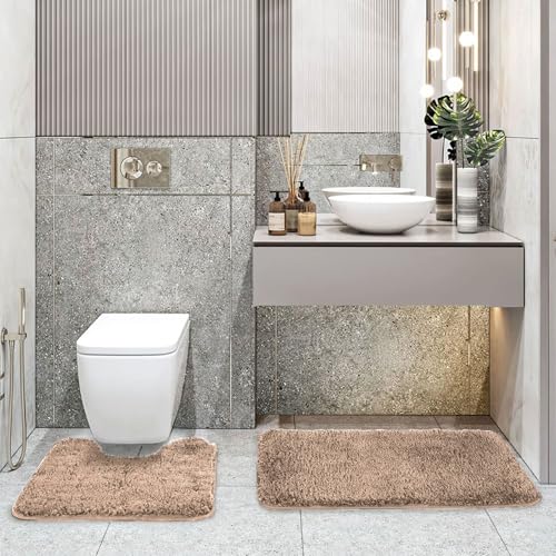 Image of LUXE HOME INTERNATIONAL Polyester Contour Bath Mat - Washable, Anti Skid, Water Absorbent Contour Mats for Bathroom, Toilet, Wash Basin & Bathroom Contour Mat Set (Rust, 45x 75 cm & 40x45)