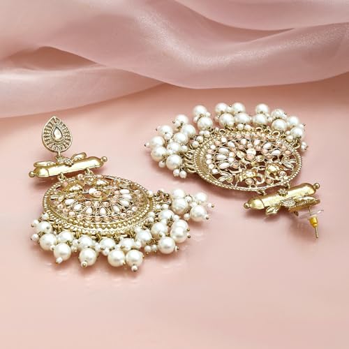 Image of Rubans Chandbali Earrings Kundan Pearl Beads Traditional Wedding Jewellery for Women & Girls