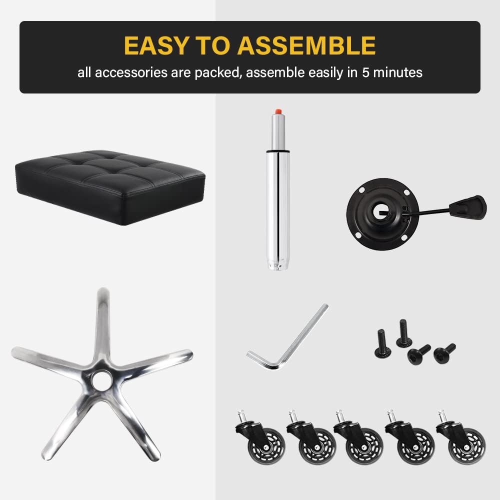 WKWKER Heavy Duty Rolling Stool with Wheels Hydraulic Swivel Adjustable Rolling Stool Ergonomic Thick Leather Rectangle Seat Chair for Kitchen Drafting Lab Office Salon Message Counter – Black