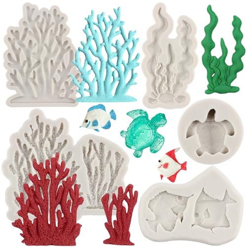 MYPRACS Lot De 5 Moules En Silicone Pour Fondant Thème Marin Algues Poissons De Mer Corail Tortues De Mer Pour Décoration De Gâteaux Cupcakes Bonbons Chocolat Pâte À Gomme Argile Polymère