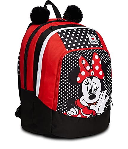 Seven S. P. A. Zaino Seven - Disney Minnie, Rosso E Nero - Zaino Scuola Doppio Scomparto, Tasca Porta Borraccia, Porta Pc - Scuola & Tempo Libero