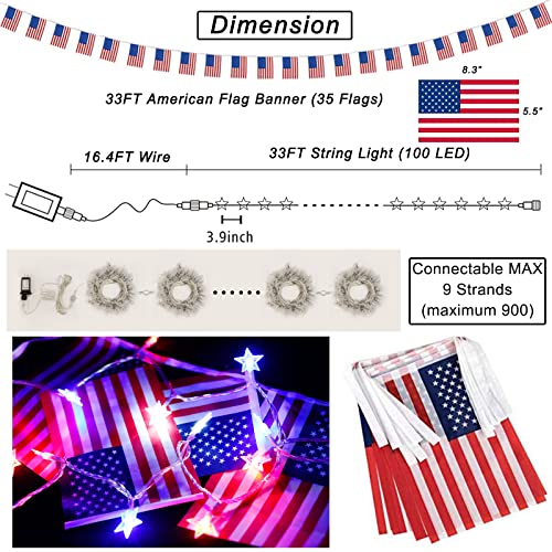 Pooqla 4Th Of July Decor Stars String Lights, 100 Led 33Ft Red White Blue Patriotic Star Fairy Lights With American Flag Banner Extendable For Outdoor Memorial Day Independence Day Presidents Day #TOP3