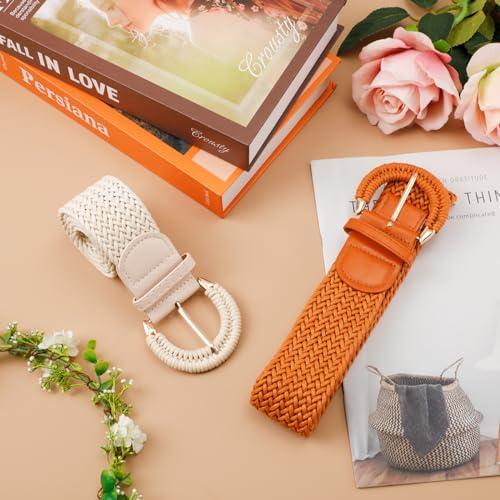 2pcs Women Braided Rattan Belt, Woven Waist Belt Straw Elastic Waist Belts with Half-Circle Button Boho Wide Rattan Belt for Dress Jeans (Khaki, Camel)3