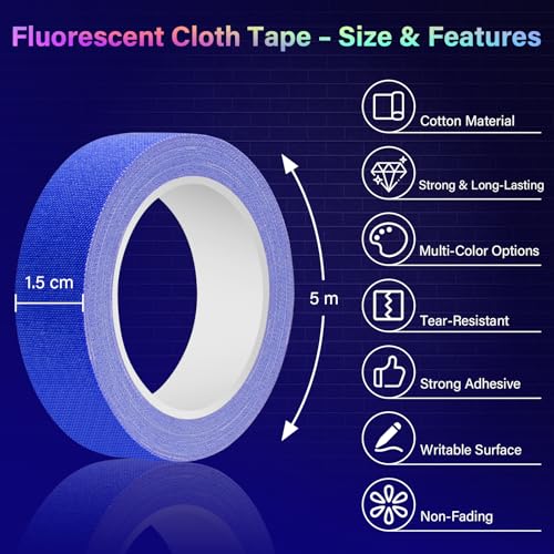 Ealyder Tape 6 Farben Neon Klebeband - 5m x 1,5cm, Fluoreszierende Farben UV Schwarzlicht Glow in The Dark Tape für UV Party, Markierung, Keine Rückstände 6er Pack