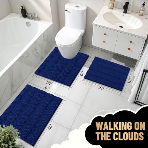 Image of OLANLY Thick Large Bathroom Rugs 44x32, Extra Soft Absorbent Chenille Striped Bath Rugs, Rubber Backing, Machine Wash Dry, Bath Mats for Bathroom Floor, Tub and Shower, Home Decor Accessories, Navy