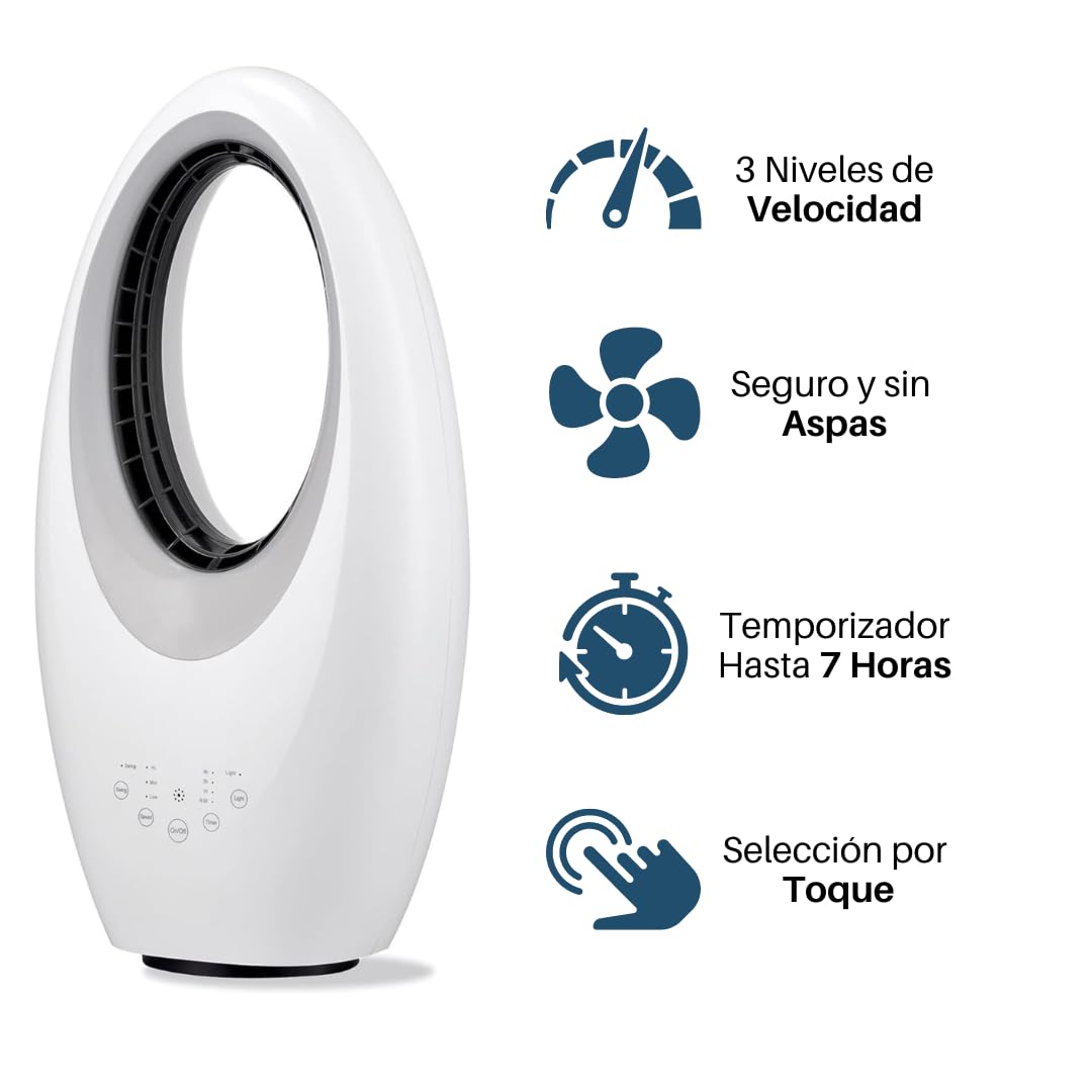 Max Star Ventilador sin Aspas con Mando a Distancia 3 Velocidades Purificador de Aire Oscilante Temporizador Luces LED Silencioso y Potente Hogar Oficina Dormitorio