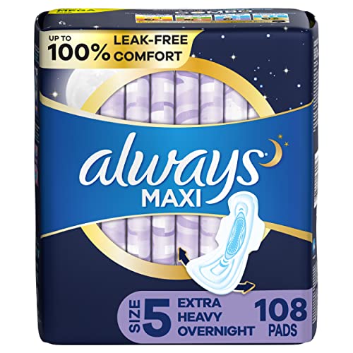 Image of Always Maxi Feminine Pads For Women, Size 5 Extra Heavy Overnight Absorbency, Multipack, With Wings, Unscented, 36 Count x 3 Packs (108 Count total)