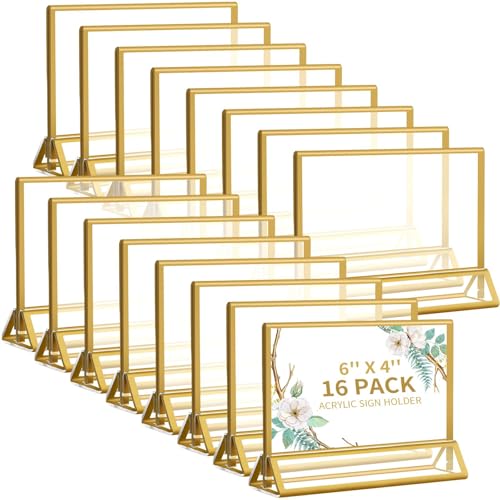 Smarpau 16 Pack Clear Acrylic Sign Holder, 6x4 Wedding Table Number Holders