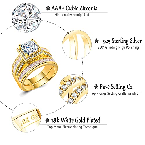 Cejug 3Ct Halo Princess Engagement Ring Set Wedding Bands For Women 18K Yellow Gold Plated Cz Rings Size 7 #TOP7
