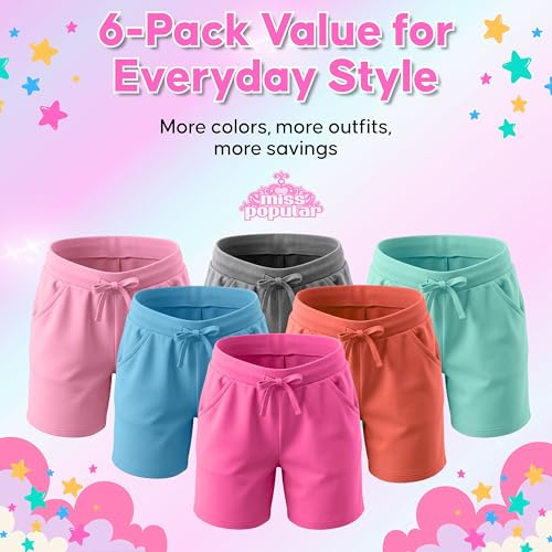 Image of MISS POPULAR Girls 6-Pack Bermuda Short Sizes 4-16 Comfortable Cotton, Elastic Waistband, Bow-Tie, Pockets & Many Colors