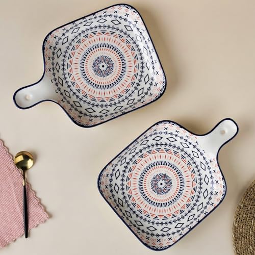 Image of The Earth Store Mandala Ceramic Platter with Handle for Serving Set of 2 | Microwave & Dishwasher Safe Serving Platters for Snacks, Dessert, Starter, Fruits, Salad, Sweets & Appetizers