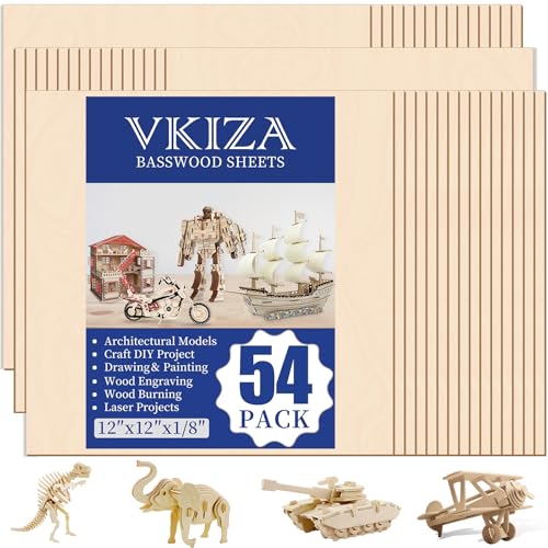 VKIZA 54 Packs Basswood Sheets 12x12x1/8 3mm Basswood for Laser Cutting and Engraving Thin Plywood Board Unfinished Wood for Crafts DIY Ornaments and Architectural Model Wood Burning.