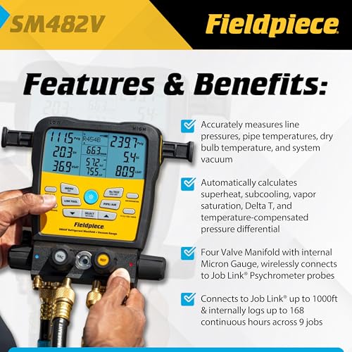 Fieldpiece SM482V Wireless 4-Port SMAN Refrigerant Manifold with Vacuum Gauge – Air Conditioning/Refrigerant Digital Gauges for HVAC & Refrigeration