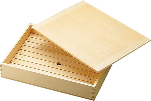 ヤマコー 日本製 ネタ箱 (中) 目皿・木製蓋付 37.5×29×7.7cm 業務用 木製 白木 35584