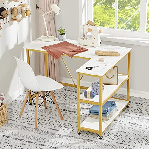 Greenforest L Shaped Desk 47 Inch Small Size Corner Desk With Storage Shelf Writing Computer Desk Saving Space For Home Office Pc Workstation Laptop Table, Marble #TOP1