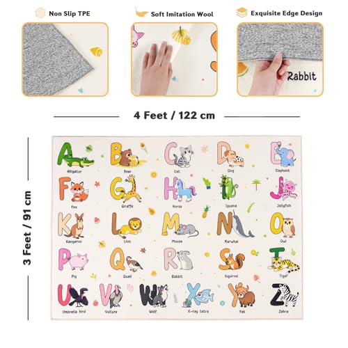 Kids Rugs for Playroom, 3x4 Feet Educational Rug for Learn The ABC Alphabet, Soft Machine Washable Non-Slip Cute Cartoon Animals Carpet for Classroom Toddler Nursery Kids Room Decor, Beige - Image 3