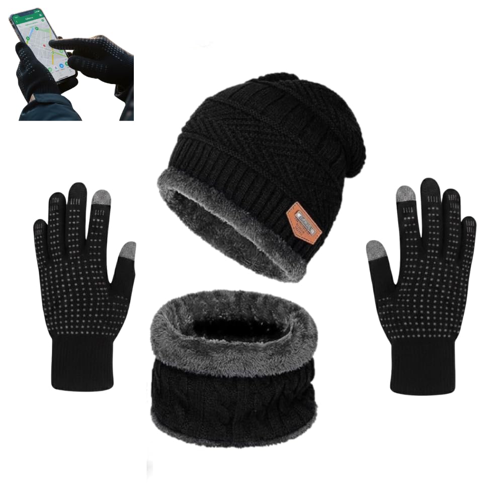 Woollen Winter Cap with Touch Screen Gloves | Warm Knitted Beanie & Full Finger Gloves Set for Men & Women | Soft, Stretchable & Cold Weather Protection