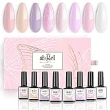 ab gel Nude Gel Nail Polish Set - Purple Pink Glitter Milky White 8 Colors Nude Gel Polish Kit,Popular Nail Art Design Soak Off UV Led Nail Polish Gel Manicure Kit