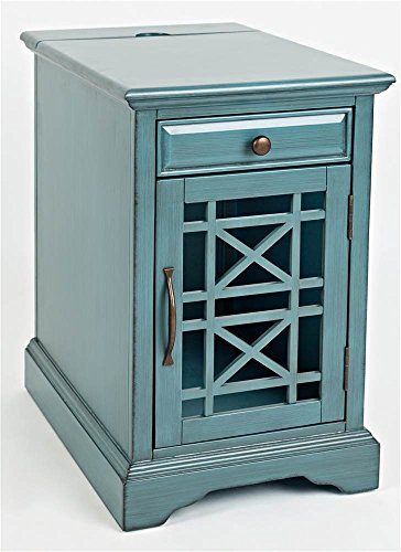 Jofran Farmhouse Craftsman End Table with Charging Station – Narrow Night Stands with USB Charging Port – Space-Saving Design for Bedroom, Living Room, or Entryway, Antique Blue