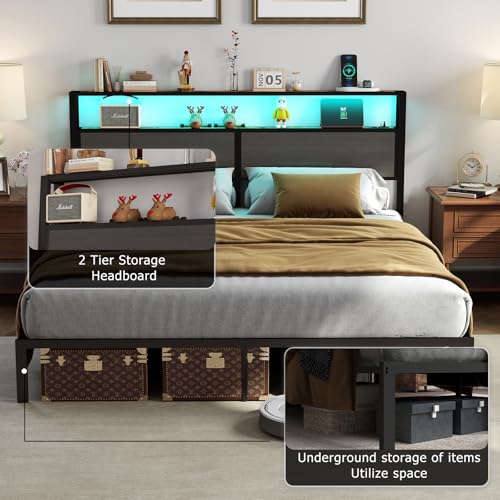 Image of RVONOW King Size Bed Frame with Headboard, Metal Platform Bed Frame with LED Lights & Charging Station, Under Bed Storage, Solid and Stable, No Box Spring Needed, Noise Free, Easy Assembly, Dark Grey
