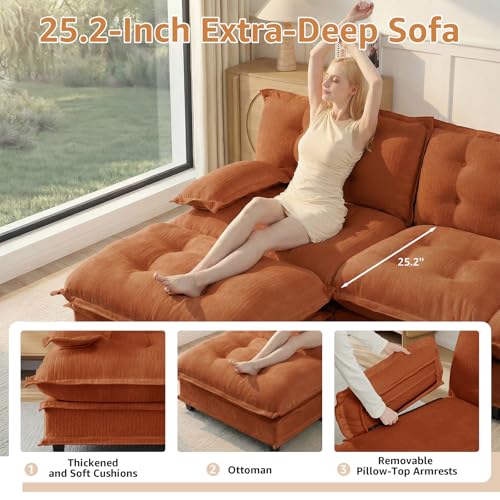 Image of 138 inch L-Shaped Sectional Couches for Living Room, Orange 4 Seater Modern Chenille Deep Seat Sofa Set, Salas para Casa, High Back Cloud Couch Modular Sectional Sets with Ottoman