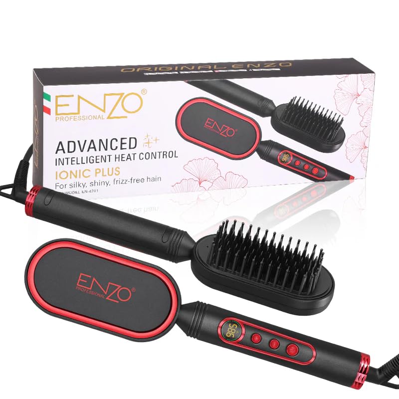ENZO Professional Hair Straightening Brush, Advanced Ionic Plus, Intelligent Heat Control, Digital Display, Black/Red