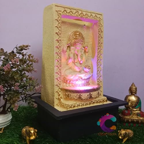 Image of Decorative Water Fountain for Home Decor, Office, Indoor & Outdoor, Garden, Puja Room, Vaastu, Reception, Spa, Gifting. (Yellow Slate Ganesh C-042)