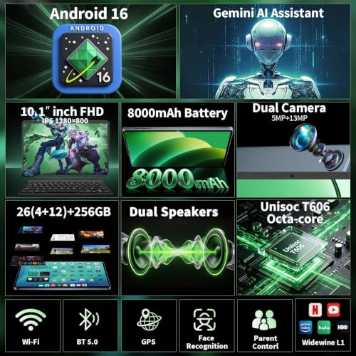 Image of 2026 Android 16 Tablet with Keyboard, Gemini AI 10 Inch Tablet, Green Case | 26GB+256GB+2TB Expand, 2-in-1 Tablets with 8-Core, WiFi, 8000mAh, GMS, GPS, Electronic Tablets PC with Mouse, Case, Stylus