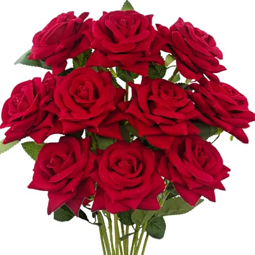 Mutcolor 12 rosas artificiales de terciopelo rojo con tallos largos, ramo de rosas falsas de seda para el día de San Valentín, boda, fiesta, centro de mesa, decoración del hogar