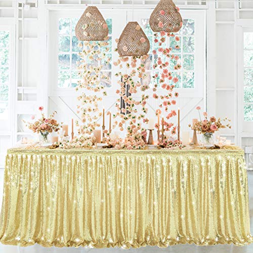 50% Off Discount Sequin Table Skirt Tablecloth for Wedding Party Cake Dessert Events Table Linens (light gold, L 6(ft) H 30in)