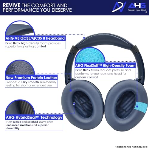 AHG Accessory House Global QC35 / QC35 ii earpads and QC35 Headband / QC35 ii Headband V3 pad Cushion Compatible with Bose QuietComfort 35 and QuietComfort 35 ii Headphones (Midnight Blue) - Image 3
