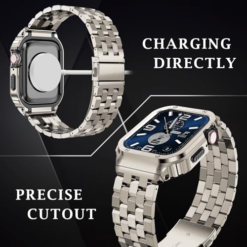 Image of SUPLINK Stainless Steel Case Bands Compatible with Apple Watch Series 10 42mm Band /Apple Watch Series 11 42mm Band, Metal Rugged Protective Bumper Case for iWatch Bands Men(Titanium Color)
