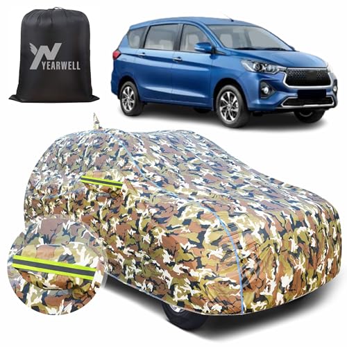 Image of Car Body Cover for Toyota Rumion, 100% Waterproof, Heat-Resistant with Mirror & Antenna Pockets, Soft Cotton Lining, Triple Stitched, Green Reflector (Jungle Print)
