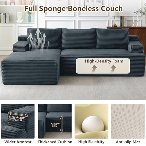 Image of 96.1 inch Modular Sectional Sofa Couches L-Shape Couch 3 Seat Modular Sofa Corduroy Memory Foam Sectional Boneless Couches for Living Room, Cloud Couch with Oversized Chaise(Dark Gray, Left Facing)