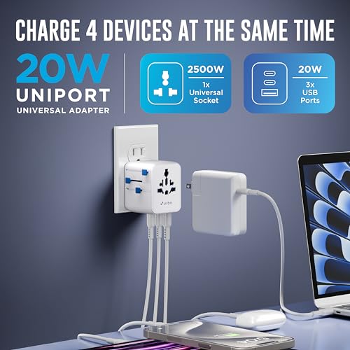 Image of URBN 20W GaN Universal Adapter | Charge 4 Devices Simultaneously | 2500W Universal Socket | Dual USB-C + USB-A | Smart Travel Multi Plug | Global Compatibility | 6-Layer Safety Protection