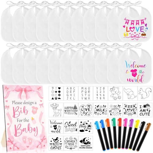 FIONUPI 55 Pcs Baby Bibs Decorating Kit Includes 1 Wooden Pink Bow Baby Shower Game Sign 22 DIY White Bibs 22 Bow Stencils 10 Colorful Markers Supplies for Shower Games