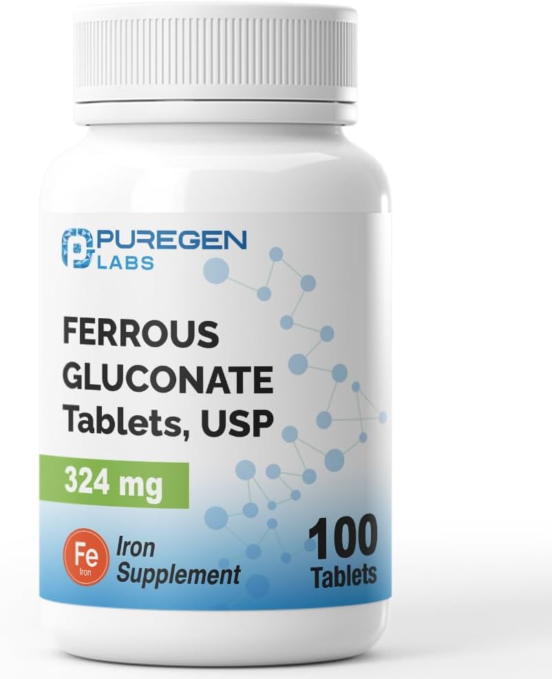 Puregen Labs Ferrous Gluconate 324 mg [High Potency] Iron Supplement, Gentle on Stomach - 100 Tablets
