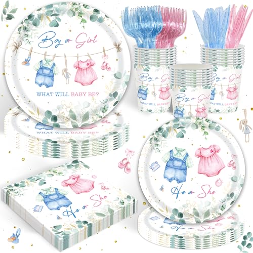 Girl or Boy Gender Reveal Party Supplies Pink or Blue She or He Gender Reveal Party Decorations Eucalyptus Baby Shower Tableware Set Plates Napkins Cups Forks Knives for 20 Guests