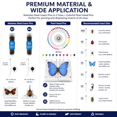 Image of Insect Pinning Kit for Beginners, Complete Bug Specimen Mounting Tools with Combination EVA Foam Board, Wing Spreading Paper, Insect Pins, Tweezers & Scissors, Butterfly Mounting Kit for Entomology