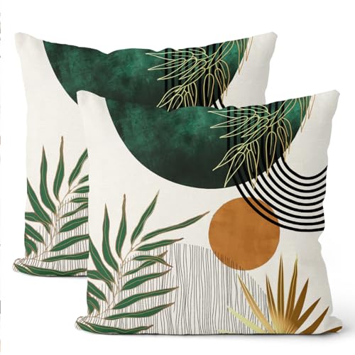 GIOPAMGO Boho Pillow Covers 18x18 Set of 2, Mid Century Green Gold Decorations Throw Pillow Covers Farmhouse Tropical Leaves Outdoor Decorative Linen Cushion Case for Couch Sofa Home