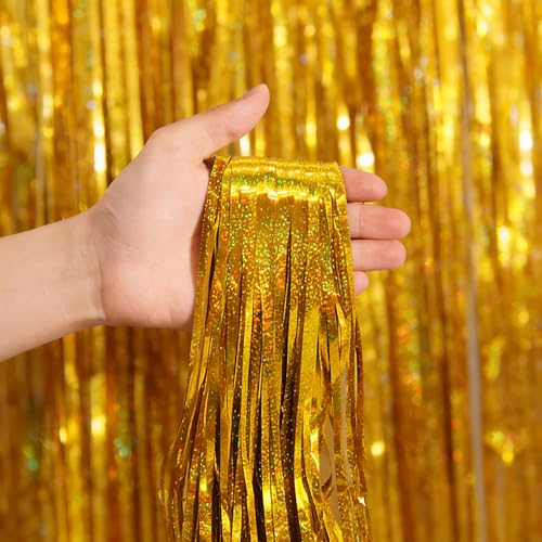 Image of 4Pcs Gold Fringe Backdrop 12.8x8.2 Feet Glitter Metallic Tinsel Foil Fringe Curtain, Gold Backdrop Curtain Door Streamers for Birthday Graduation Bachelorette Disco Christmas Party Decorations