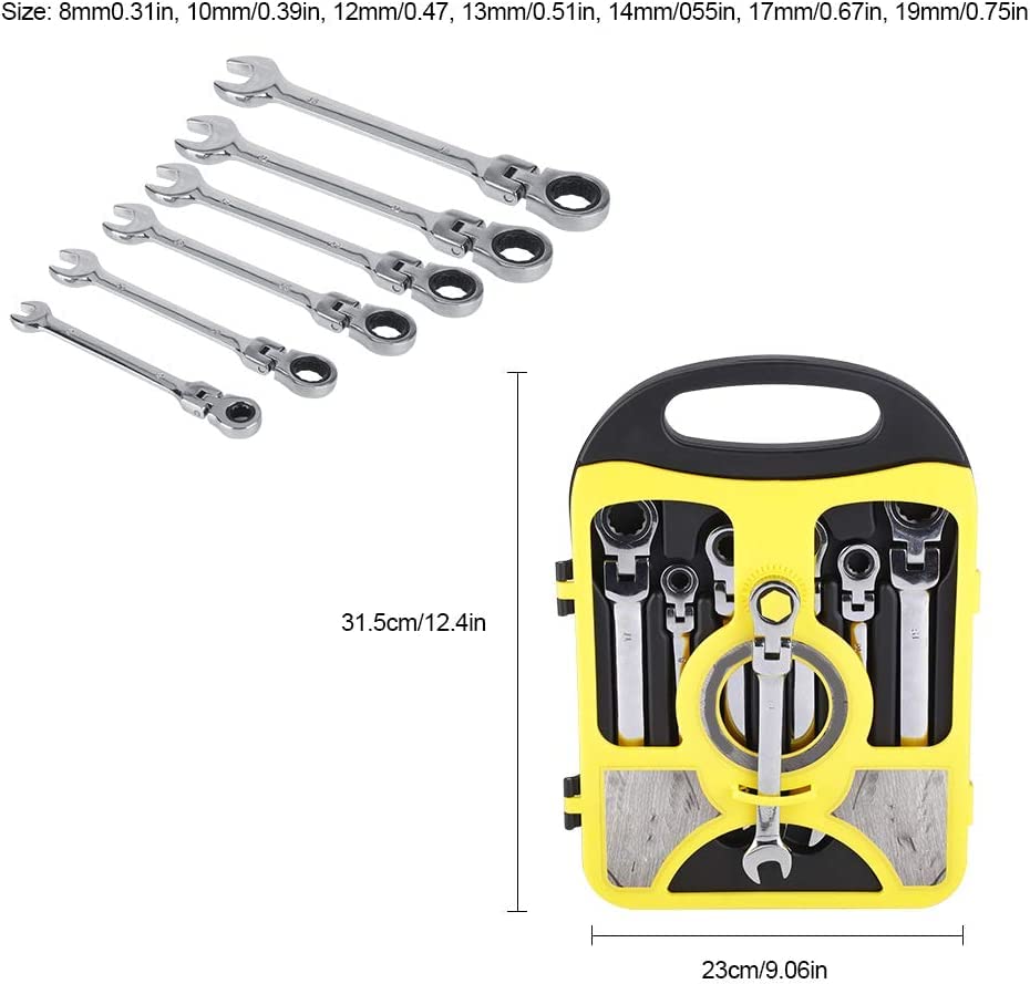 Image of Combination Ratchet Spanner Set, 7Pcs Flexible Head Multi-Functional Ratchet Combination Spanner Wrench 8-19mm Repair Tools Set with Open End Spanner and Carry Case for Cars Bicycles