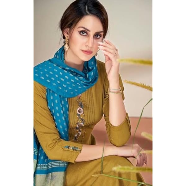 Senapsblå festival festkläder indisk kvinna ren chinnon siden rak broderad punjabi byxa kostym 2367