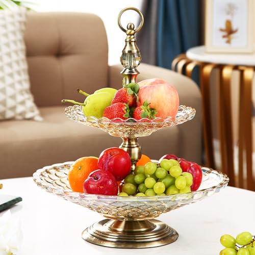 QTQHOME Bandeja de fruta de cristal de 2 capas, creativa sala de estar, cocina, decoración de frutas, mesa de postres, para fiestas de cumpleaños, bodas (36 cm, brillante)