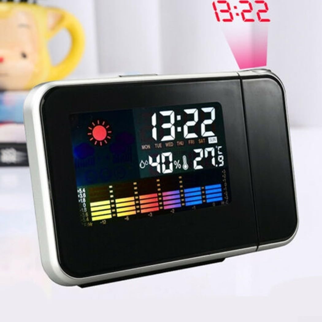 Sveglia a Proiezione con Display LED, Termometro Meteo, Schermo LCD, Funzione Snooze, Porta USB (Nero)