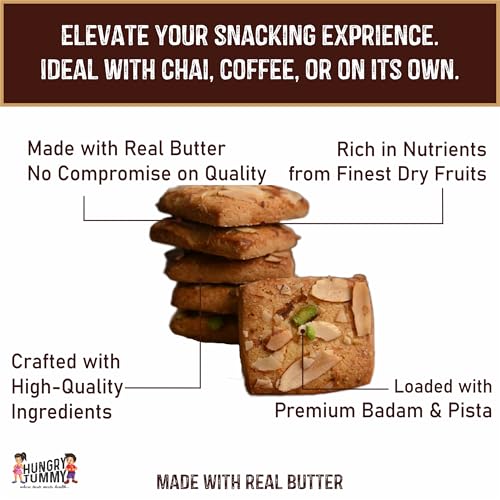 Image of HUNGRY TUMMY Badam Pista Cookies - Handmade Almond Pistachio Butter Cookies | Premium Dry Fruit Biscuits | Crispy, Rich & Nutty Delight | No Preservatives | Perfect Tea-Time Snack & Gifting (Pack of 250g)